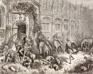 مشهد من فيلم الجميلة النائمة لتشارلز بيرولت. من El Mundo Ilustrado، نُشر في برشلونة، حوالي عام 1880. بواسطة غوستاف دور