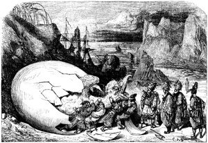السندباد البحار (السندباد البحري) - حكاية ألف ليلة وليلة (1001) - رسم توضيحي لغوستاف دور - طبعة ماكسويل 1865 - الرحلة الخامسة: التجار المرافقون للسندباد يكسرون قشرة بيضة عملاقة لطائر الروك العملاق لاستخراج طفل ضخم بواسطة غوستاف دور