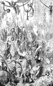 السندباد البحار (السندباد البحري) - حكاية ألف ليلة وليلة (1001) - رسم توضيحي لغوستاف دور - طبعة ماكسويل 1865 - الرحلة السادسة - يمكن أن يمثل هذا النقش بلاط ملك سرنديب أو بلاط الخليفة هارون الرشيد (هارون بواسطة غوستاف دور