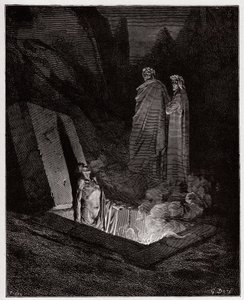 الكوميديا الإلهية (La Divina Commedia ، La Divine Comedie) ، Inferno ، Canto 10: Farinata degli Uberti تخاطب Dante - بقلم Dante Alighieri (1265-1321) - رسم من Gustave Dore (1832-1883) بواسطة غوستاف دور