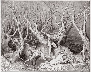 الكوميديا الإلهية (La Divina Commedia ، La Divine Comedie) ، Inferno ، Canto 13: الانتحارون يفرون من الغابة - بقلم دانتي أليغيري (1265-1321) - رسم من غوستاف دوري (1832-1883) بواسطة غوستاف دور