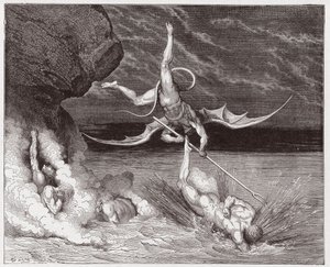 الكوميديا الإلهية (La Divina Commedia ، La Divine Comedie) ، Inferno ، Canto 22: Ciampolo يهرب من الشيطان Alichino في Bolgia الخامسة - بواسطة Dante Alighieri (1265-1321) - رسم من Gustave Dore (1832-1883) بواسطة غوستاف دور