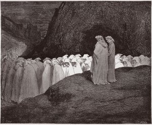 الكوميديا الإلهية (لا ديفينا كوميديا ، الكوميديا الإلهية) ، جحيم ، كانتو 23: المنافقون يخاطبون دانتي - بقلم دانتي أليغيري (1265-1321) - رسم غوستاف دوري (1832-1883) بواسطة غوستاف دور