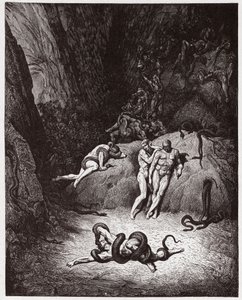 الكوميديا الإلهية (La Divina Commedia ، La Divine Comedie) ، Inferno ، Canto 25: Agnello يتحول إلى ثعبان - بواسطة Dante Alighieri (1265-1321) - رسم من Gustave Dore (1832-1883) بواسطة غوستاف دور
