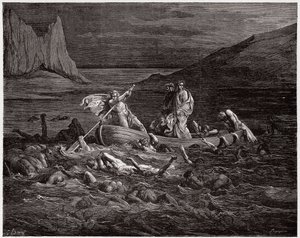 الكوميديا الإلهية (La Divina Commedia ، La Divine Comedie) ، Inferno ، Canto 8: Phlegyas ferries Dante and Virgil عبر Styx - بواسطة Dante Alighieri (1265-1321) - رسم من Gustave Dore (1832-1883) بواسطة غوستاف دور