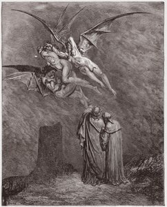 الكوميديا الإلهية (La Divina Commedia ، La Divine Comedie) ، Inferno ، Canto 9: The Erinyes البشعة: Megaera ، Tisphone ، Alecto - بقلم Dante Alighieri (1265-1321) - رسم توضيحي لـ Gustave Dore (1832-1883) بواسطة غوستاف دور