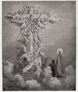 الكوميديا الإلهية (La Divina Commedia ، La Divine Comedie) ، Paradiso ، Canto 14: Dante and Beatrice يرون الملائكة مع المسيح على الصليب - بقلم دانتي أليغييري (1265-1321) - رسم توضيحي لغوستاف دوري (1832-1883) بواسطة غوستاف دور
