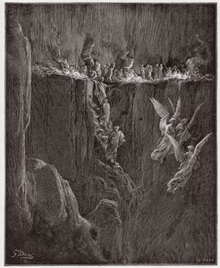 الكوميديا الإلهية (La Divina Commedia ، La Divine Comedie) ، Purgatorio ، Canto 25: Virgil و Dante يصعدان إلى الدائرة السابعة من خلال اللهب - بواسطة Dante Alighieri (1265-1321) - رسم من Gustave Dore (1832-1883) بواسطة غوستاف دور
