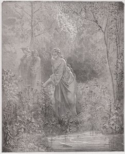 الكوميديا الإلهية (La Divina Commedia ، La Divine Comedie) ، Purgatorio ، Canto 27: حلم Dant لـ Leah في المرج - بواسطة Dante Alighieri (1265-1321) - رسم من Gustave Dore (1832-1883) بواسطة غوستاف دور