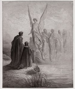 الكوميديا الإلهية (La Divina Commedia ، La Divine Comedie) ، Purgatorio ، كانتو 2: الطيار السماوي يهبط بالقارب - بقلم دانتي أليغيري (1265-1321) - رسم توضيحي لغوستاف دوري (1832-1883) بواسطة غوستاف دور