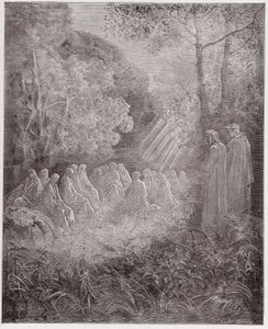 الكوميديا الإلهية (La Divina Commedia ، La Divine Comedie) ، Purgatorio ، Canto 7: الأرواح تغني Salve Regina in the dell - بقلم دانتي أليغييري (1265-1321) - رسم من غوستاف دوري (1832-1883) بواسطة غوستاف دور