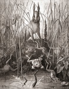 The Hare and The Frogs ، من طبعة أواخر القرن التاسع عشر من Fables de La Fontaine (نقش الخشب)