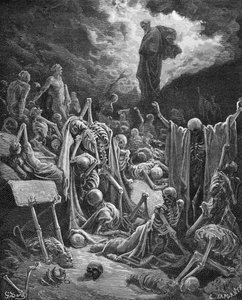 رؤية وادي العظام الجافة ، حزقيال 37: 1-2 ، رسم توضيحي من "الكتاب المقدس" لدور ، منقوش بواسطة C. Laplante (ت 1903) 1866