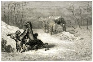 اللص أغوستين يهاجمه ذئب، بالقرب من الحصان الميت الذي لا يزال في العربة التي لا تزال في العربة التي تتخلى عن الكوميديين، أو يخفي تشيكيته الصغيرة. نقش لغوستاف دور يوضح رواية ثيوفيل غوتييه "لو كابيتين فراكاس"، طبعة شاربانتييه 1863 بواسطة غوستاف دور