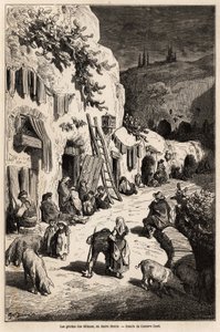 كهوف (منازل تحت الأرض) للغجر في ساكرو مونتي بغرناطة. رسم لجوستاف دوري (1832-1883) ، لتوضيح رحلته إلى إسبانيا عام 1862 ، برفقة الشون دافيلييه. نقش في "" Le Tour du monde "، تحرير إدوارد شارتون بواسطة غوستاف دور