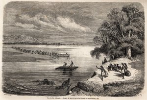 عبور نهر كولورادو بواسطة طوافة ، برفقة بعض الهنود الموهافيين ، رسمه غوستاف دوري (1832-1883) ، لتوضيح رحلة المسيسيبي إلى المحيط الهادئ في 1853-54 بواسطة بودوين مولهاوزن (1825-1905). نقش في "" Le Tour du بواسطة غوستاف دور