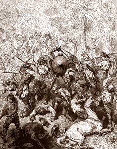 المعركة ضد البغالين في نقش يانغوا بواسطة غوستاف دور (1832-1883) من أجل "إنجينيو هيدالغو دون كيشوت دي لا مانش (كيكسوت - كيجوت)" بقلم ميغيل دي سرفانتس (1547-1616) 1863 مجموعة خاصة بواسطة غوستاف دور