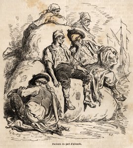 قيلولة حاملات ميناء أليكانتي ، رسم تخطيطي تم رسمه على حي جوستاف دوري (1832-1883) ، لتوضيح رحلته إلى إسبانيا ، في عام 1862 ، مع الفصل. دافيلير. نقش في "" Le Tour du monde "، تحرير إدوارد شارتون بواسطة غوستاف دور