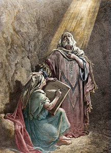 النبي جيريمي يملي نبوءاته على باروخ - نقش كولورسي بواسطة Pannemacker ، من إنجيل غوستاف دوري (1832-1883) - إرميا (650-585 قبل الميلاد) ، نبي عبري. إرميا يملي نبوءاته على باروخ. نقش Pannemaker ، الكتاب المقدس بواسطة Gustave Dore
