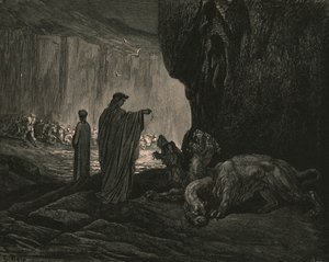 ثم مرشدتي ، تمدد راحتيه على الأرض ، c1890. بواسطة غوستاف دور