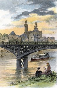 منظر لجسر المشاة باسي (الآن جسر بير حكيم) في باريس رسم غوستاف فرايبونت (1849-1923) من سان جوير