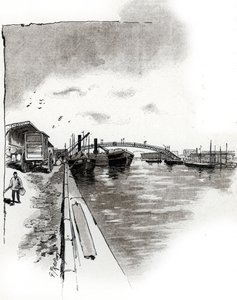 منظر لجسر المشاة لقناة Canal de la Villette ، باريس (جسر المشاة لقناة Canal de la Villette ، باريس) رسم بواسطة Gustave Fraipont (1849-1923) مستوحى من "La seine a travers Paris" لسان جوير بواسطة غوستاف فرايبونت