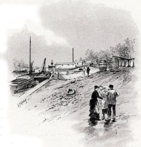 منظر لضفاف نهر السين وكاي سانت برنارد ، باريس رسم لجوستاف فرايبونت (1849-1923) مأخوذ من "لا سين أ ترافرز باريس" لسان جوير
