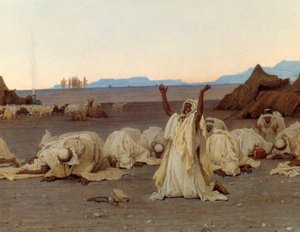 صلاة العشاء في الصحراء الكبرى تفاصيل مخيم الطوارق. لوحة لغوستاف أكيل غيوميت (1840-1887) 1863 صن. 1،3x2،8 م. باريس ، متحف أورسيه