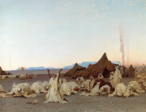 صلاة العشاء في الصحراء الكبرى تفاصيل مخيم الطوارق. لوحة لغوستاف أكيل غيوميت (1840-1887) 1863 صن. 1،3x2،8 م. باريس ، متحف أورسيه