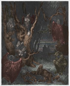 جحيم ، كانتو 13: The Harpies في غابة الانتحار ، توضيح من الكوميديا الإلهية بواسطة دانتي أليغييري ، 1885 (نقش ملون رقميًا)