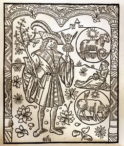 تقويم الراعي - عمال الأشهر - أبريل - نقش خشبي من كتاب 1496 الذي طبعه جاي مارشانت (جويدو ميركاتور) في تروا - نقش الخشب في "Le grand Calendrier et compost des Shepherds" -