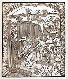 تقويم الراعي - عمال الأشهر - أغسطس - نقش خشبي من كتاب 1496 طبعه جاي مارشانت (جويدو ميركاتور) في تروا - نقش الخشب في "Le grand Calendrier et compost des Shepherds" -