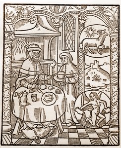 تقويم الراعي - عمال الأشهر - يناير - نقش خشبي من كتاب 1496 الذي طبعه جاي مارشانت (جويدو ميركاتور) في تروا - نقش الخشب في "Le grand Calendrier et compost des Shepherds" -