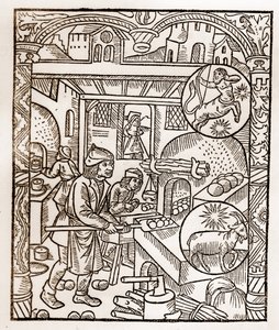 تقويم الراعي - عمال الأشهر - نوفمبر - نقش خشبي من كتاب 1496 طبعه جاي مارشانت (جويدو ميركاتور) في تروا - نقش الخشب في "" Le grand Calendrier et compost des Shepherds "" - فرن الخبز -