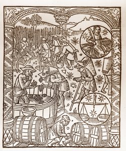 تقويم الراعي - عمال الأشهر - أكتوبر - نقش خشبي من كتاب 1496 الذي طبعه جاي مارشانت (جويدو ميركاتور) في تروا - نقش الخشب في "" Le grand Calendrier et compost des Shepherds "- الحصاد - وعلامات زودياك: ال