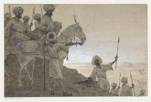 المحاربون على ظهور الخيل في المناظر الطبيعية الصحراوية