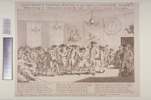 "مقهى جوناثان ، أو تحليل زقاق التغيير" ، مع مجموعة من شخصيات شخصية ، 1763 بواسطة هو نيل