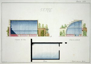 تصميم لدفيئة ذات جدران وسقف زجاجي منحني ، من ورقة من الرسومات الأصلية في أنماط Belle-Epoque الكلاسيكية والمبكرة ، حوالي عام 1870 (قلم حبر وحبر على ورق)