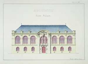 الواجهة الرئيسية للمكتبة ، اللوحة الثانية عشرة من ورقة التصاميم ، ج 1870