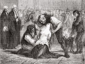 تعذيب مدام دي لا موت ، منقوش من قبل ماير هاين ، من "تاريخ الثورة الفرنسية" لوي بلانك (1811-1882)