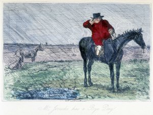 مشهد صيد الخيول في يوم ممطر. رسم كاريكاتوري إنجليزي عن صيد الثعالب من "مغامرات توماس سكوت أو هاوبوك جرانج" ، رسم إيضاحي لـ إتش كيه براون و دبليو تي مود. بواسطة هابلوت نايت براون