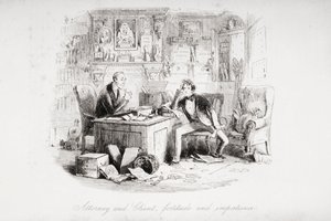 المحامي والعميل ، الثبات ونفاد الصبر ، توضيح من "منزل كئيب" بواسطة تشارلز ديكنز (1812-70) نشر 1853 (ليثو) بواسطة هابلوت نايت براون