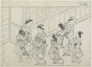 خمسة عاهرات أمام منزل ، أوائل سبعينيات القرن التاسع عشر (طبعة خشبية) بواسطة Hanabusa Shigenobu