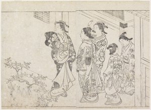 خمسة عاهرات في فناء ، أوائل السبعينيات من القرن السابع عشر (طبعة خشبية) بواسطة Hanabusa Shigenobu