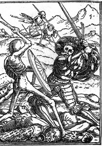 الموت الوهمي لهانس هولباين يونغ (1497-1543): الجندي. جندي يحارب الموت. تحت أقدامهم جثث المحاربين الآخرين. نقش. بواسطة هانز (بعد) هولبين الأصغر