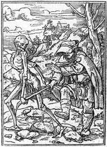 محاكاة موت هانز هولباين الأصغر (1497-1543): الأعمى. يمسك الموت بعصا الأعمى ويعمل كمرشد. نقش. بواسطة هانز (بعد) هولبين الأصغر