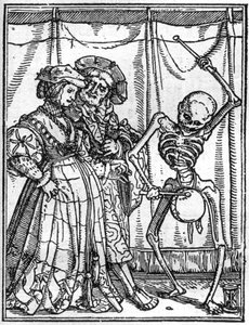 محاكاة لوفاة هانز هولبين الأصغر (1497-1543): الأزواج. الموت يعزف على الطبلة أمام الزوجين. نقش. بواسطة هانز (بعد) هولبين الأصغر