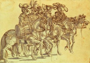 خمسة طبلين على ظهور الخيل ، حوالي 1500 (قلم وحبر وغسل على ورق) بواسطة هانز برجكمير