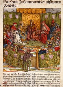 مجلس جموندين مع كبار الزوار الأجانب ، من 'Der Weisskunig' ، حوالي 1515 (نقش خشبي ملون يدويًا) بواسطة هانز برجكمير