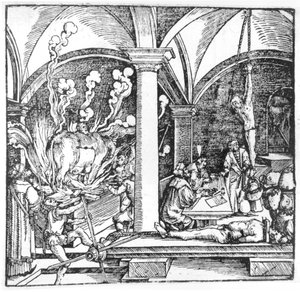 الاستجواب ، رسم توضيحي من كتاب بقلم سيسيرو تويتش ، أوغسبورغ ، 1533 بواسطة هانز برجكمير